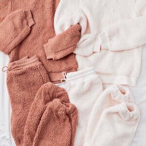 Teddy Bear Sherpa Loungewear Set In Cream Color Christmas Cozy Gift idea